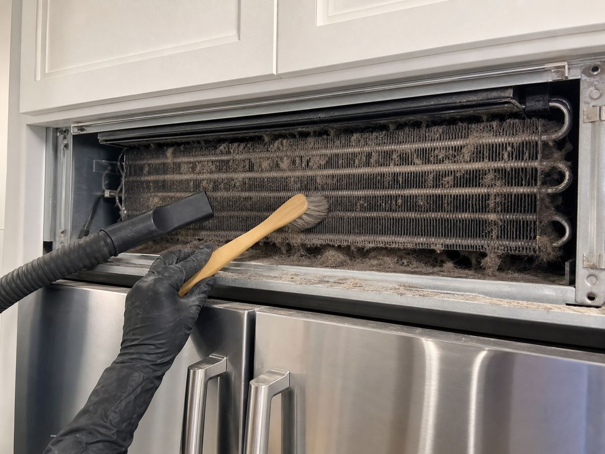 Dust packed condenser coil being cleaned on a high-end built-in refrigerator