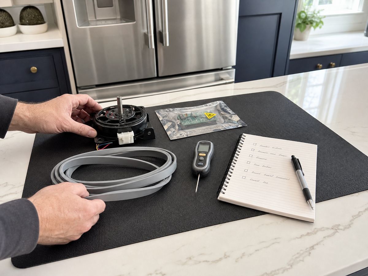 Service mat with refrigerator fan motor, gasket, thermometer and checklist
