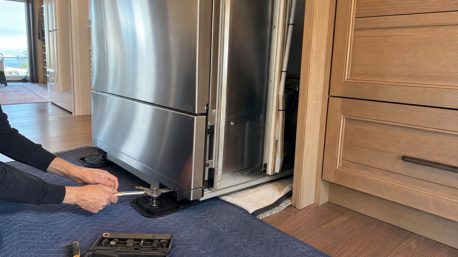 Prepared Sub-Zero diagnostic visit with protected floor path in a Saratoga kitchen